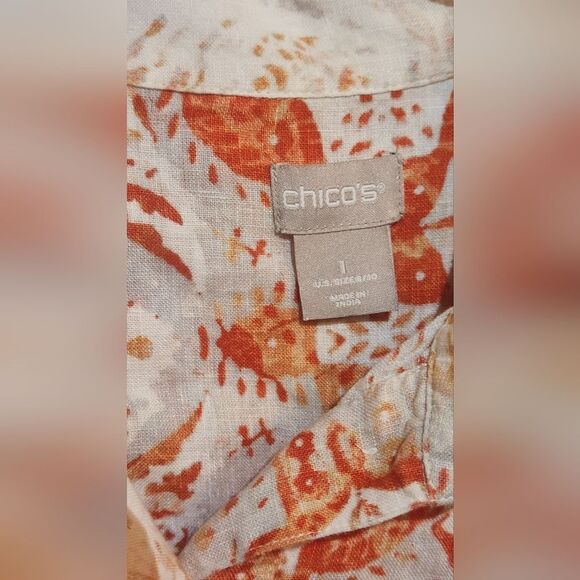 Chico's 1/M Orange White Paisley Print 100% LINEN 3/4 Slv 1/2 Button Women's Top - Picture 9 of 12